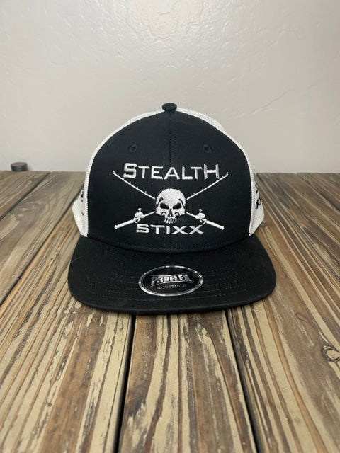 Black on White Mesh Deluxe Trucker Hat with White Logo