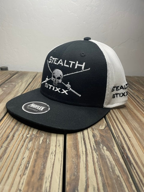 Black on White Mesh Deluxe Trucker Hat with White Logo